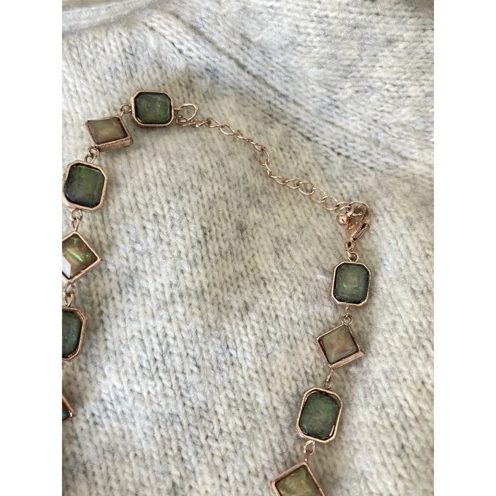 Green Aurora Glass Station Necklace Rose Gold Tone Geometric Link Long Bezel Set